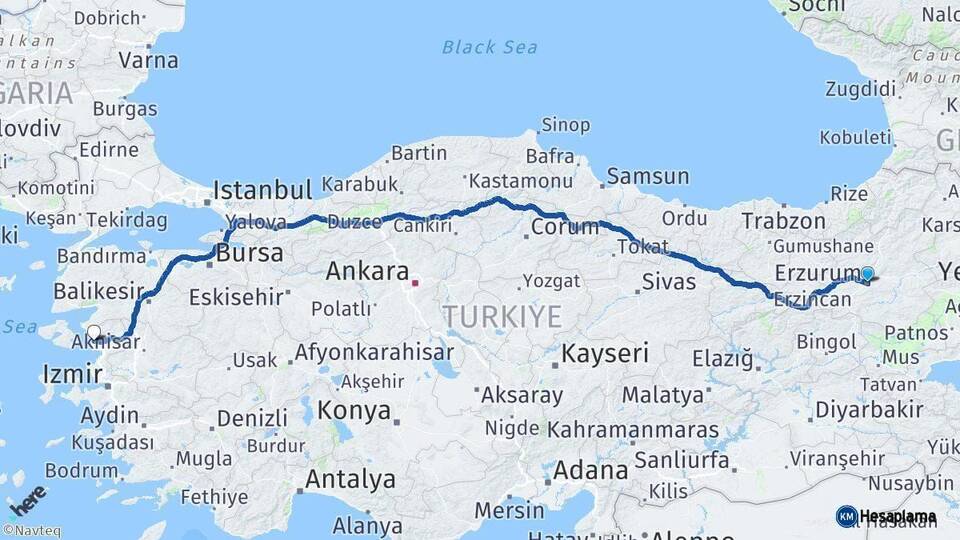 Erzurum Dikili İzmir Arası Kaç Km - Yol Haritası
