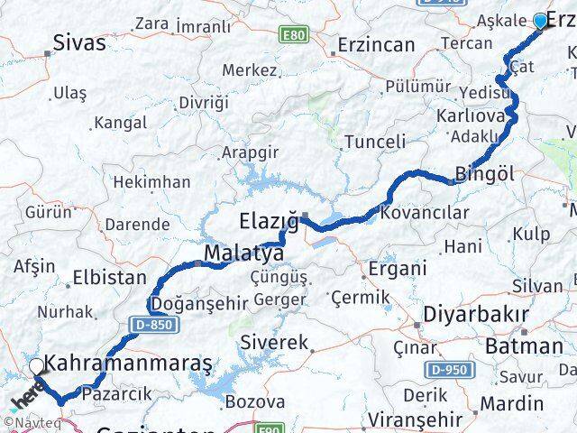 Erzurum Dulkadiroğlu Kahramanmaraş Arası Kaç Km - Yol Haritası