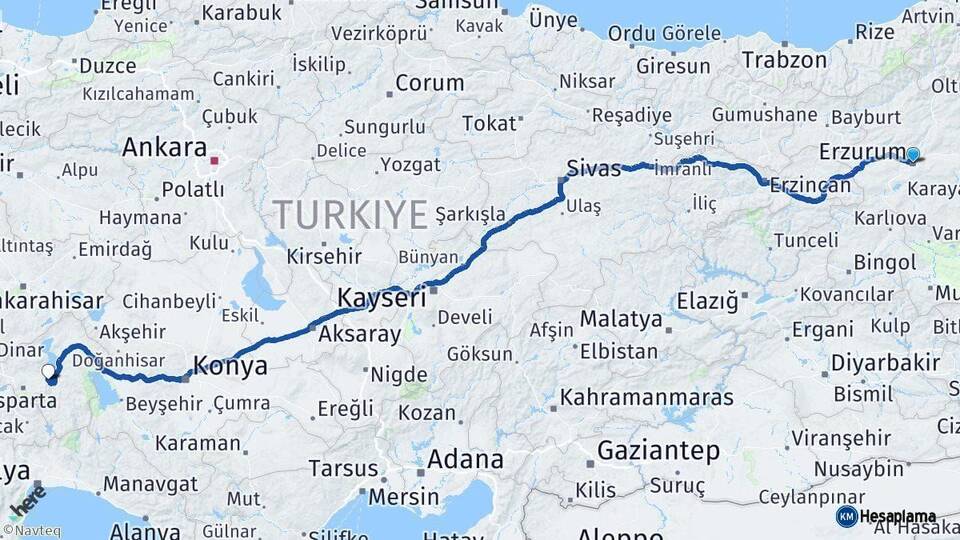 Erzurum Eğirdir Isparta Arası Kaç Km - Yol Haritası