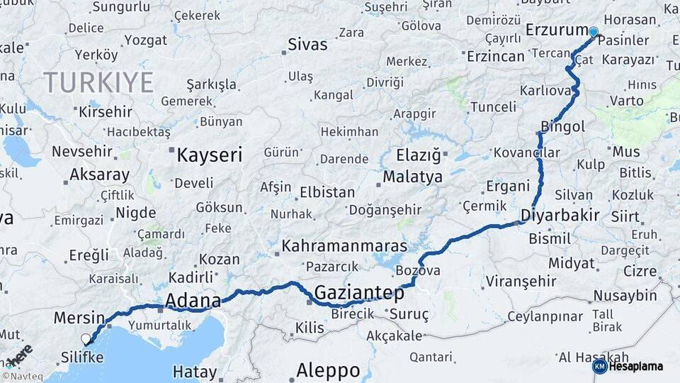 Erzurum Erdemli Mersin Arası Kaç Km - Yol Haritası