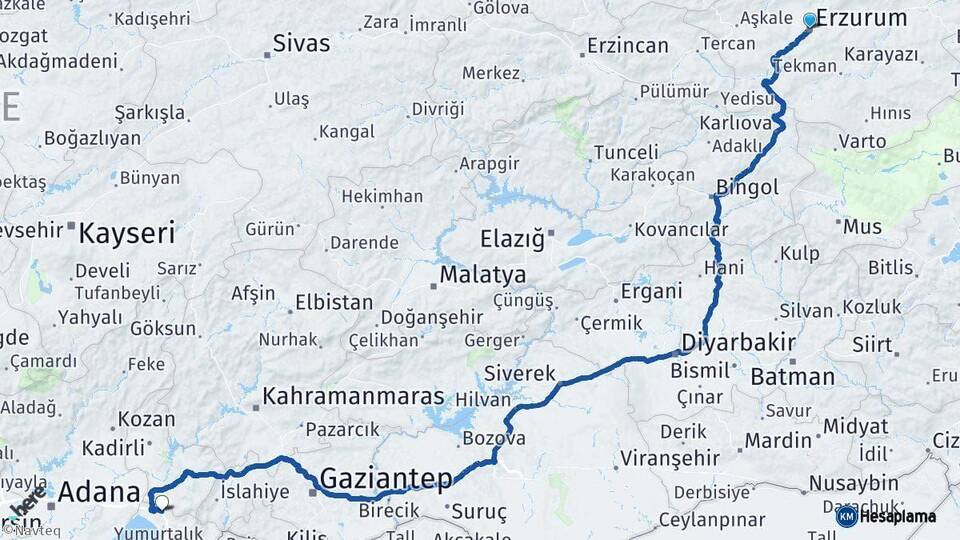 Erzurum Erzin Hatay Arası Kaç Km - Yol Haritası