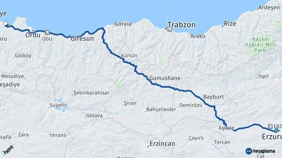 Erzurum Fatsa Ordu Arası Kaç Km - Yol Haritası