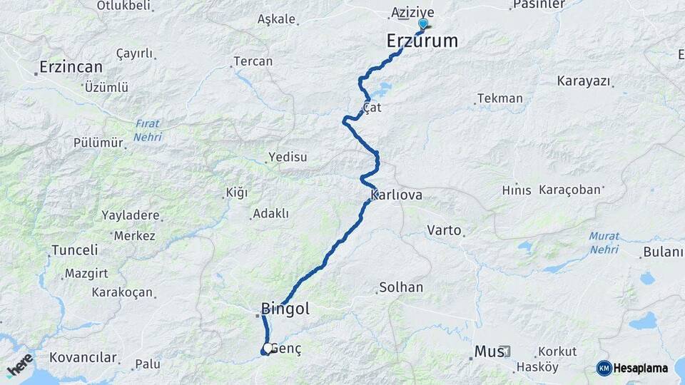 Erzurum Genç Bingöl Arası Kaç Km - Yol Haritası