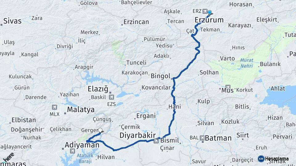 Erzurum Gerger Adıyaman Arası Kaç Km - Yol Haritası