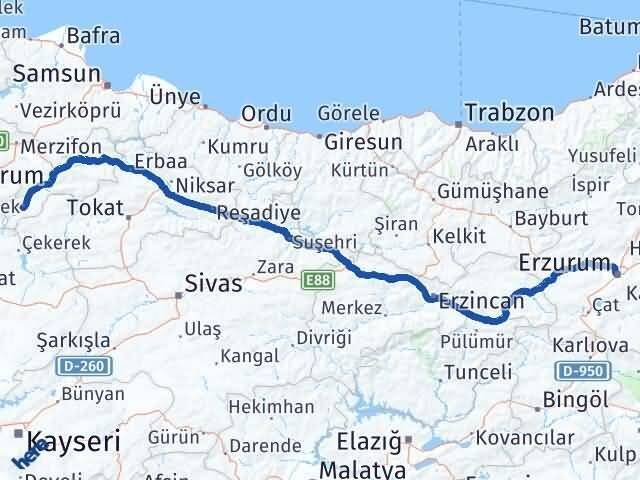 Erzurum Göynücek Amasya Arası Kaç Km - Yol Haritası