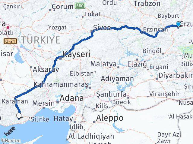 Erzurum Gülnar Mersin Arası Kaç Km - Yol Haritası