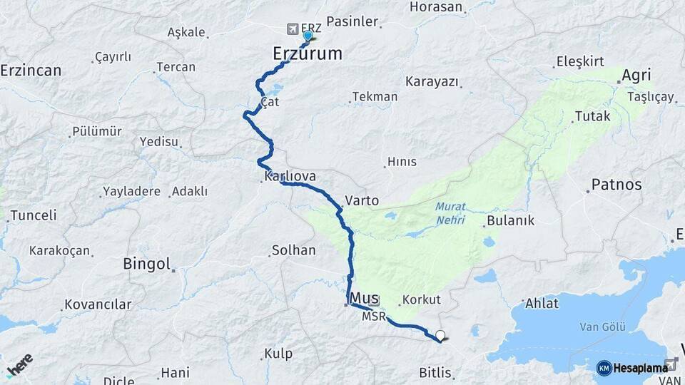 Erzurum Güroymak Bitlis Arası Kaç Km - Yol Haritası