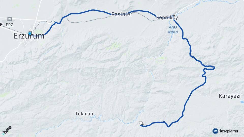 Erzurum Hacıömer Tekman Arası Kaç Km - Yol Haritası