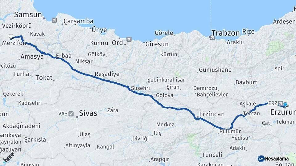 Erzurum Havza Samsun Arası Kaç Km - Yol Haritası