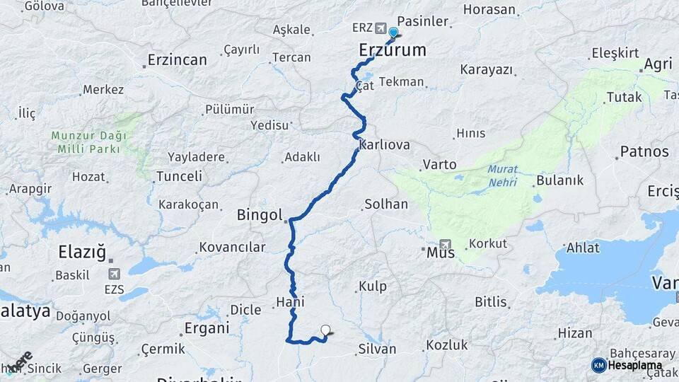 Erzurum Hazro Diyarbakır Arası Kaç Km - Yol Haritası