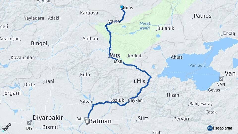 Erzurum Hınıs Batman Arası Kaç Km - Yol Haritası