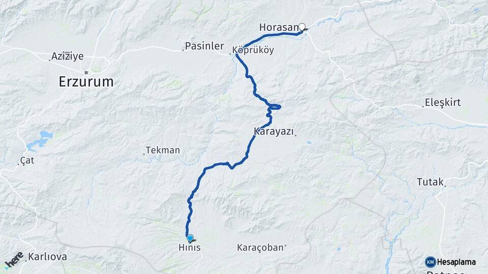 Erzurum Hınıs Horasan Arası Kaç Km - Yol Haritası