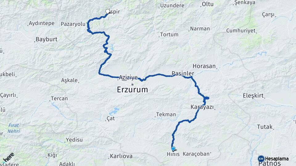 Erzurum Hınıs İspir Arası Kaç Km - Yol Haritası