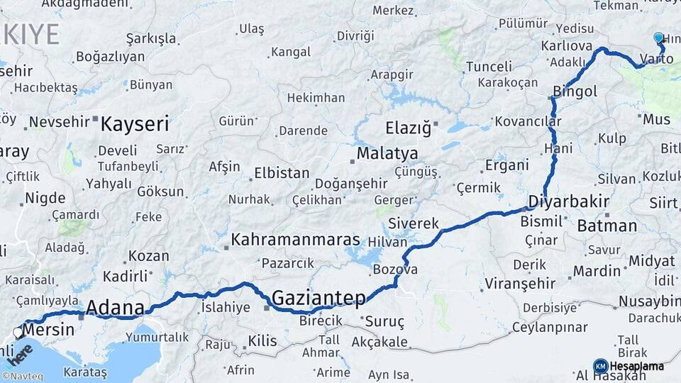 Erzurum Hınıs Mersin Arası Kaç Km - Yol Haritası
