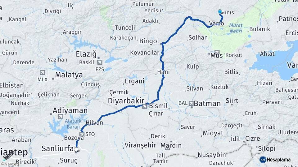 Erzurum Hınıs Şanlıurfa Arası Kaç Km - Yol Haritası