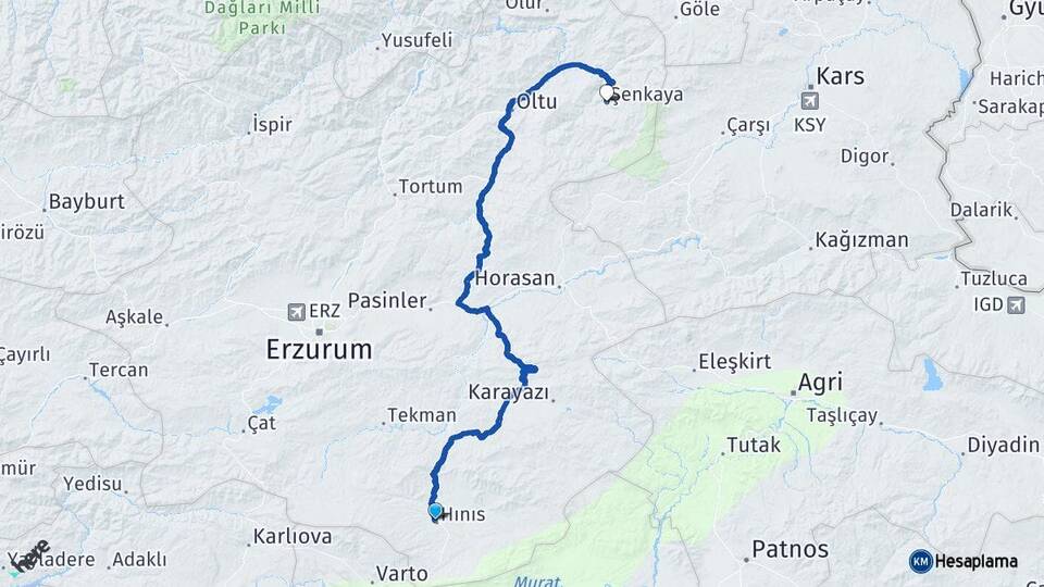 Erzurum Hınıs Şenkaya Arası Kaç Km - Yol Haritası