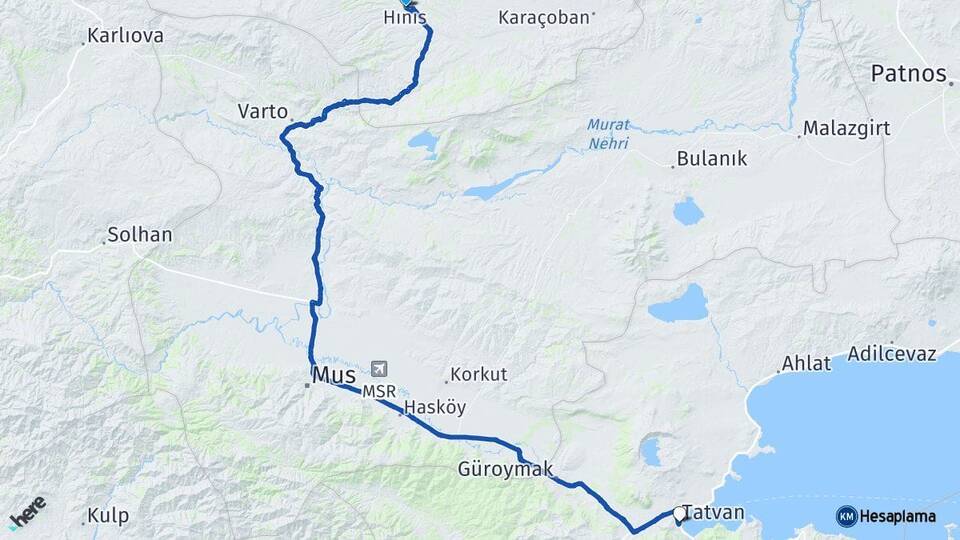 Erzurum Hınıs Tatvan Bitlis Arası Kaç Km - Yol Haritası