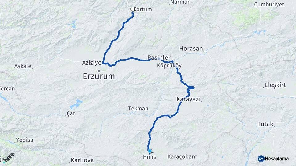 Erzurum Hınıs Tortum Arası Kaç Km - Yol Haritası