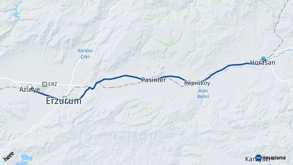 Erzurum Horasan Aziziye Arası Kaç Km - Yol Haritası