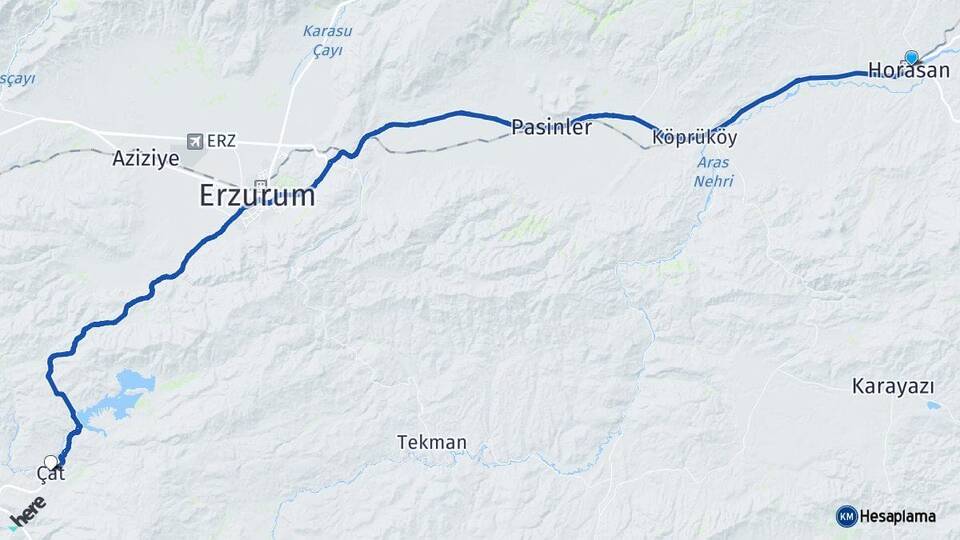 Erzurum Horasan Çat Arası Kaç Km - Yol Haritası