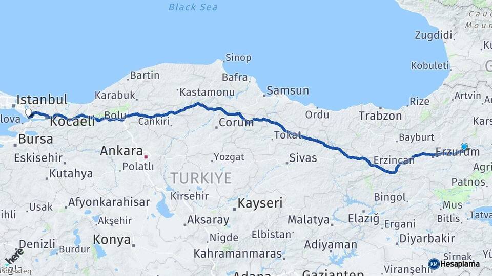 Erzurum Horasan Gebze Kocaeli Arası Kaç Km - Yol Haritası