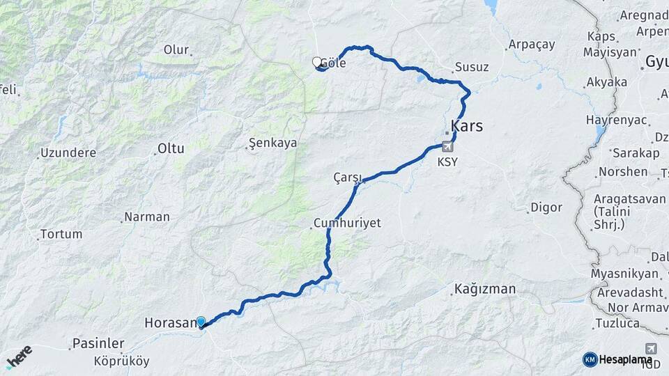 Erzurum Horasan Göle Ardahan Arası Kaç Km - Yol Haritası