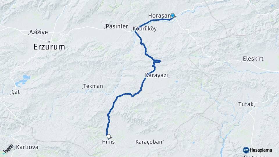Erzurum Horasan Hınıs Arası Kaç Km - Yol Haritası