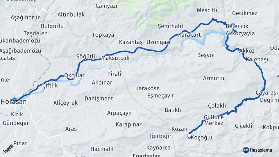 Erzurum Horasan Ortakale Sarıkamış Kars Arası Kaç Km - Yol Haritası