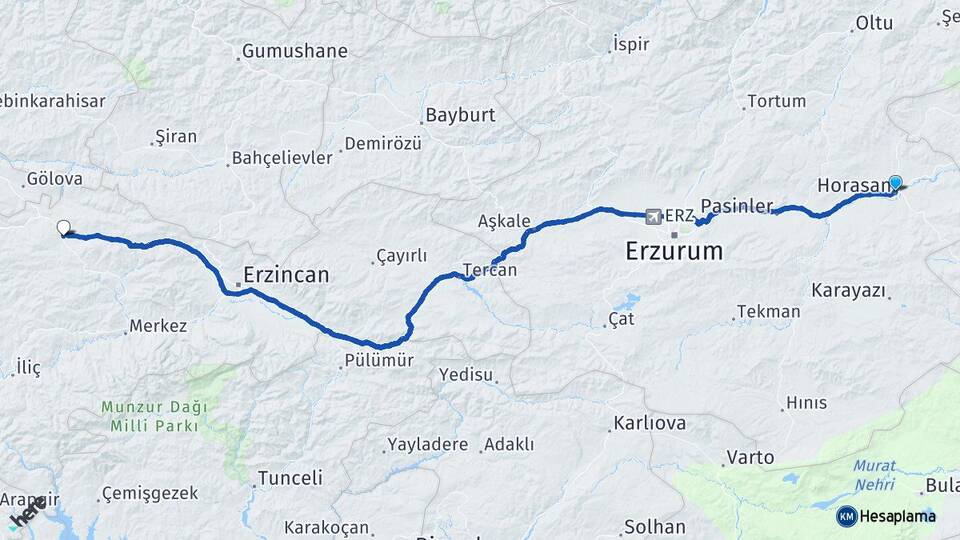 Erzurum Horasan Refahiye Erzincan Arası Kaç Km - Yol Haritası