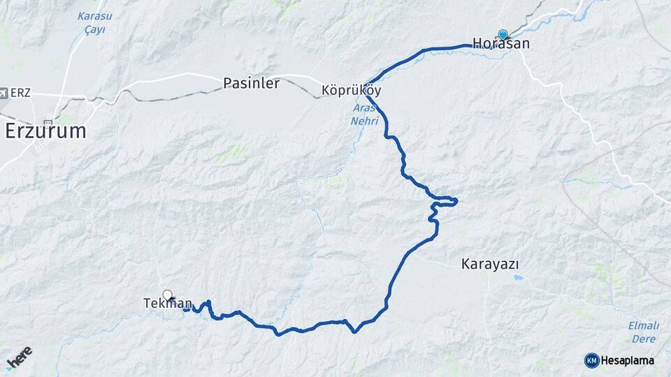 Erzurum Horasan Tekman Arası Kaç Km - Yol Haritası