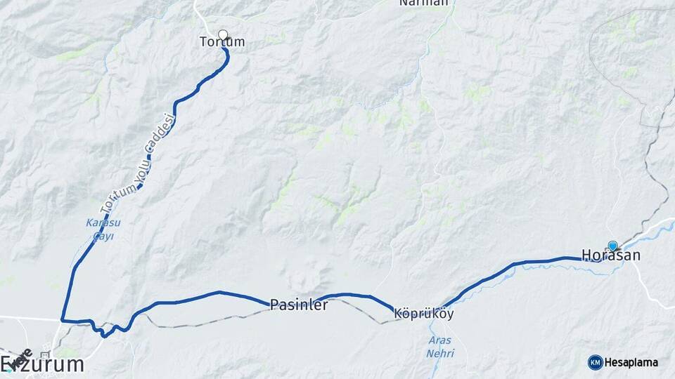 Erzurum Horasan Tortum Arası Kaç Km - Yol Haritası