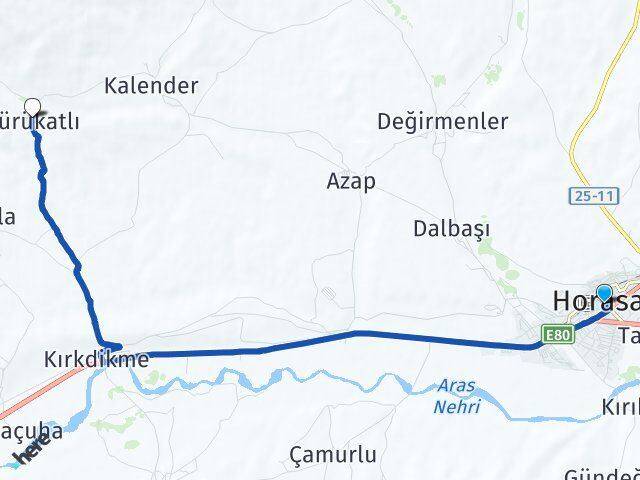 Erzurum Horasan Yürükatlı Horasan Arası Kaç Km - Yol Haritası