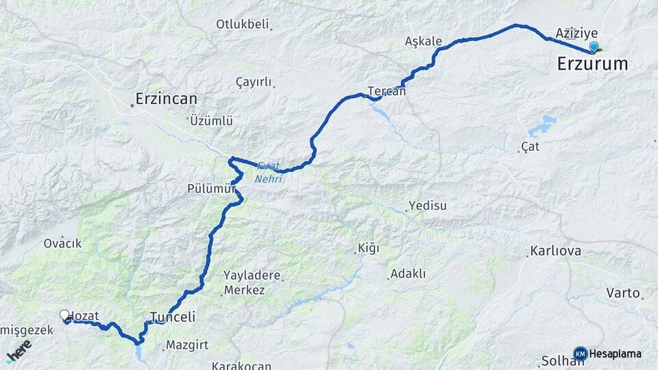 Erzurum Hozat Tunceli Arası Kaç Km - Yol Haritası