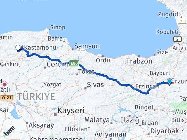 Erzurum İhsangazi Kastamonu Arası Kaç Km - Yol Haritası