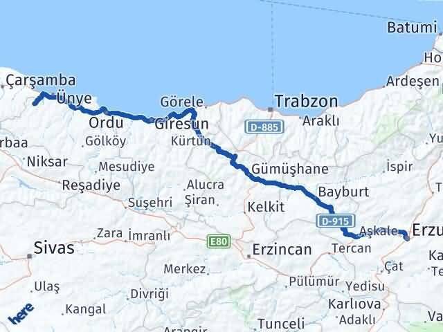 Erzurum İkizce Ordu Arası Kaç Km - Yol Haritası