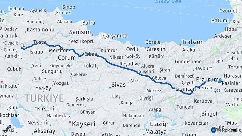 Erzurum Ilgaz Çankırı Arası Kaç Km - Yol Haritası