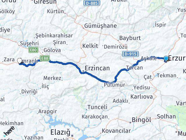 Erzurum İmranlı Sivas Arası Kaç Km - Yol Haritası