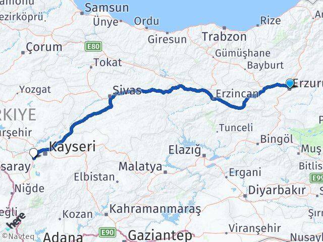 Erzurum İncesu Kayseri Arası Kaç Km - Yol Haritası