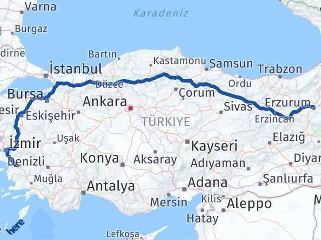 Erzurum İncirliova Aydın Arası Kaç Km - Yol Haritası