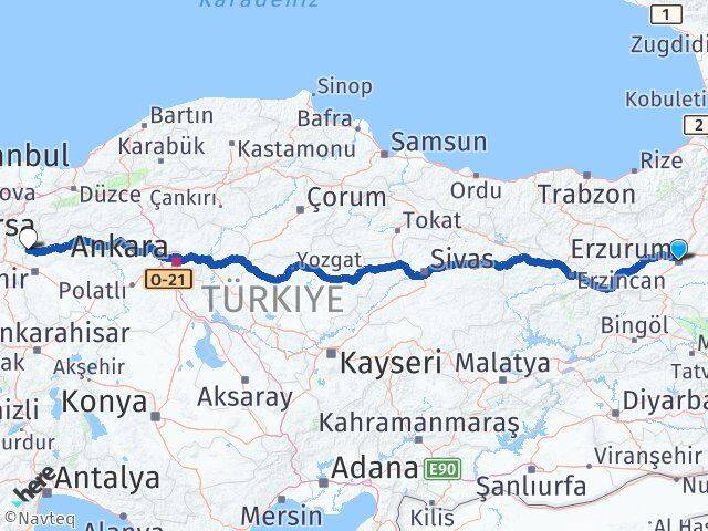Erzurum İnhisar Bilecik Arası Kaç Km - Yol Haritası