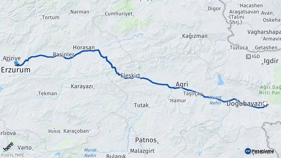 Erzurum İshakpaşa Doğubayazıt Ağrı Arası Kaç Km - Yol Haritası
