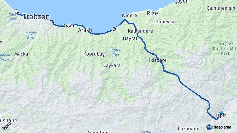 Erzurum İspir Akçaabat Trabzon Arası Kaç Km - Yol Haritası