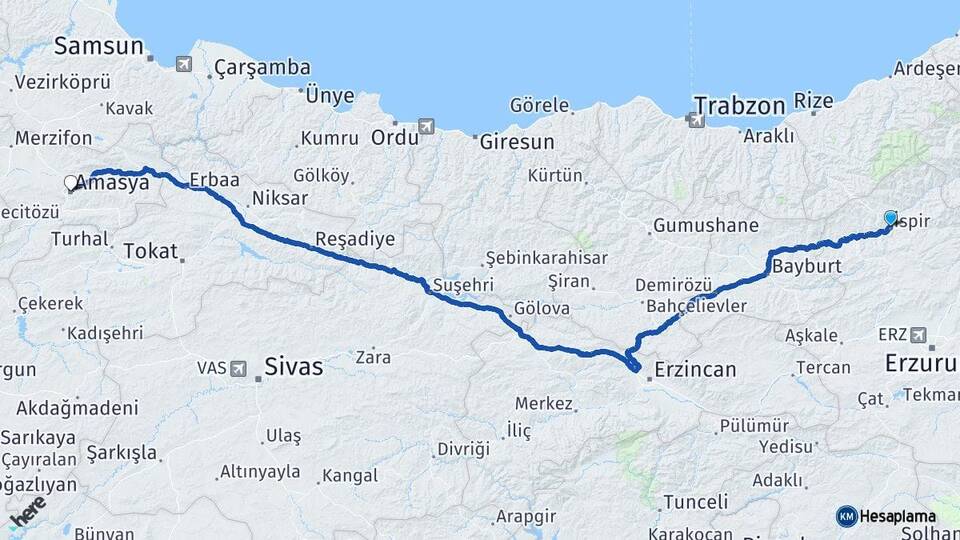 Erzurum İspir Amasya Arası Kaç Km - Yol Haritası