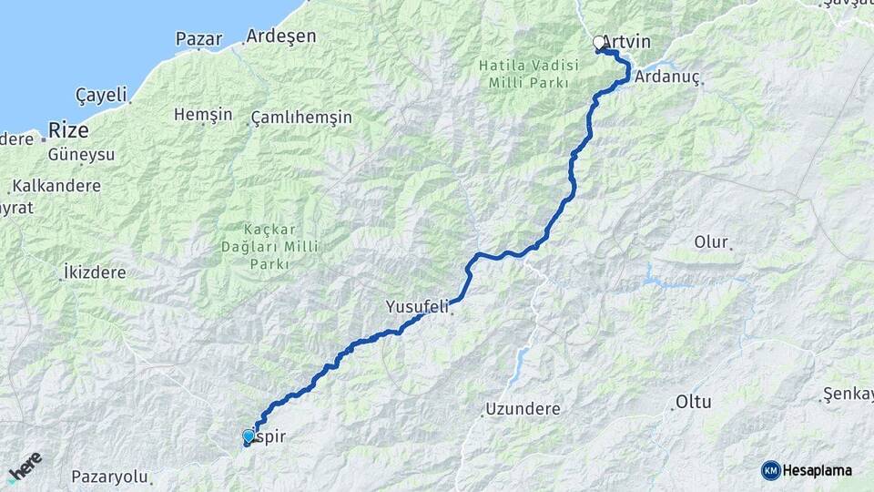 Erzurum İspir Artvin Arası Kaç Km - Yol Haritası