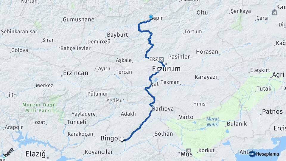 Erzurum İspir Bingöl Arası Kaç Km - Yol Haritası