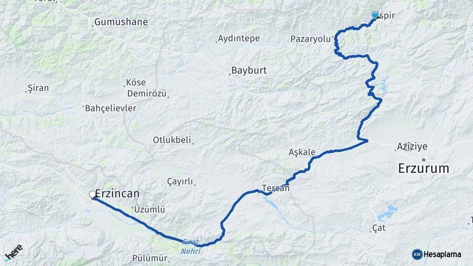 Erzurum İspir Erzincan Arası Kaç Km - Yol Haritası