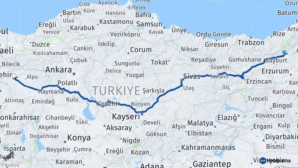 Erzurum İspir Eskişehir Arası Kaç Km - Yol Haritası
