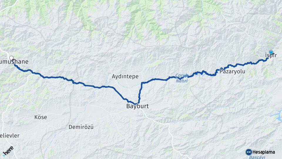Erzurum İspir Gümüşhane Arası Kaç Km - Yol Haritası