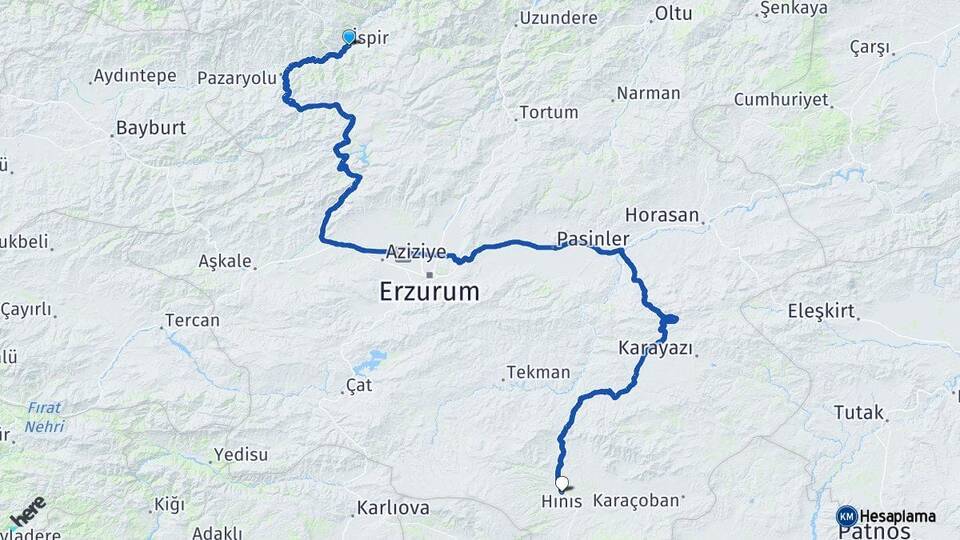 Erzurum İspir Hınıs Arası Kaç Km - Yol Haritası