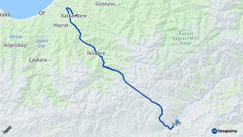 Erzurum İspir Kalkandere Rize Arası Kaç Km - Yol Haritası